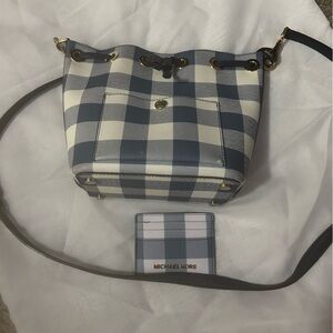 Michael Kors Blue & White Plaid Drawstring Crossbody with Card Case